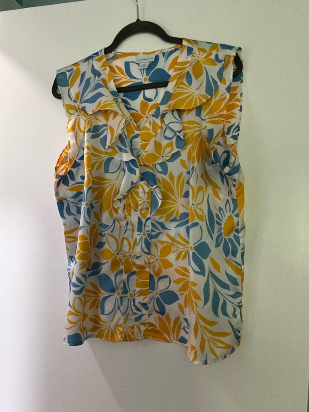 Liz Claiborne Yellow & Blue Floral Ruffle-Trim Sleeveless Top